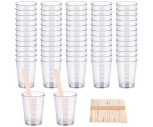 Pesfehhy Kit de 90 Vasos Mezcladores de Epoxi, 40 Vasos Graduados, Vasos de Escala Transparente con Paquete de 50 Varillas de Madera para Mezclar, 50 Ml