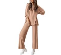 Peshoriadm Casual 2-Piece Loose-Fit Short Sleeve Top & Wide-Leg Pants Set, For Daily Wear Or Loungewear (Khaki,S)
