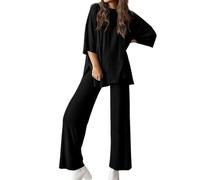Peshoriadm Casual 2-Piece Loose-Fit Short Sleeve Top & Wide-Leg Pants Set With Pockets,Matching Outfit for Daily Wear (#3,L)