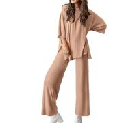 Peshoriadm Casual 2-Piece Loose-Fit Short Sleeve Top & Wide-Leg Pants Set With Pockets,Matching Outfit for Daily Wear (#1,2XL)