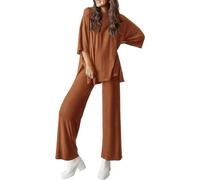 Peshoriadm Casual 2-Piece Loose-Fit Short Sleeve Top & Wide-Leg Pants Set with Pockets,Suitable for summer wear, plus size (brown,s)