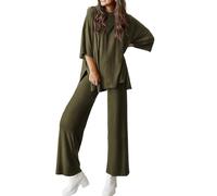 Peshoriadm Casual 2-Piece Loose-Fit Short Sleeve Top & Wide-Leg Pants Set with Pockets,Suitable for summer wear, plus size (Army green,xxl)
