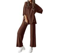 Peshoriadm Casual 2-Piece Loose-Fit Short Sleeve Top & Wide-Leg Pants Set with Pockets,Suitable for summer wear, plus size (Coffee,l)