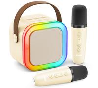 Peski Reproductor de karaoke, mini micrófono de karaoke portátil Bluetooth con 2 micrófonos inalámbricos, para todos los teléfonos inteligentes, cumpleaños, familia, fiesta en casa (beige)
