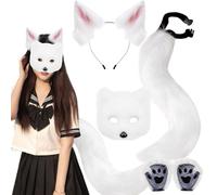 Pesoncarl Therian Gear Fox Disfraz de disfraces Fox Ears y Tail Therian Paws, y máscara para adultos niños Party Party, fantasía blanca accesorios