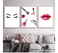 Pestañas modernas Labios rojos Carteles de moda Maquillaje Pintura de la lona Arte de la pared Cartel nórdico Cuadros de pared para la decoración del salón de belleza （50x70x3pcs cm sin marco）