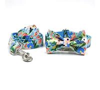 Pet Collars for Dogs Engraving Customized Name Dog Collar Adjustable Bow Tie Dog Collar and Leash Set Blue Floral (Color : A Size : Small)