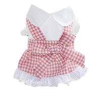 Pet Dog Cat Dress with Bow & Lace | Soft Polyester Skirt for Small Medium Breeds | Machine Washable Outfit for Indoor/Outdoor/Walking | Adorable Plaid Design (Pink)