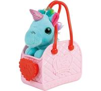 Pet Family Juguetes de Peluche con Bolso de Transporte, Colección de 5 Animalitos, Unicornio Azul y Rosa, Perrito, Gatito, Conejito en Estuche Rosa y Morado