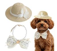 Pet Fashion Bonnet - Elegant Ribbon Sunhat Accessory, Decorative Beads Collar, Small Animal Birthday Costume Outfit | Breathable Canvas Shade Cap, Kitten Cat Grooming Ornament For Holiday Event