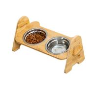 Pet Feeding Station, Wooden Elevated Dog Bowls, Adjustable Non-Slip Stand, Double Bowl Holder for Floor Feeding and Pet Care at Home, 15.35x6.69x7.09 Inches