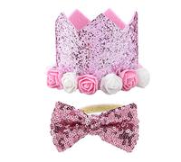 Pet Flower Crown Hat & Bow Tie Set | Accesorios de Fiesta de cumpleaños de Navidad Ajustables Brillantes para Perros Gatos | Disfraz de Mascotas de poliéster de Moda/Atuendo del (Pink)