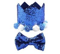 Pet Flower Crown Hat & Bow Tie Set | Accesorios de Fiesta de cumpleaños de Navidad Ajustables Brillantes para Perros Gatos | Disfraz de Mascotas de poliéster de Moda/Atuendo del (Blue)
