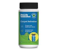 Pet Life Unlimited Polvo refrescante y desodorante para alfombras, seguro para mascotas, aroma de hoja de enebro a base de plantas, fabricado en Estados Unidos, 16 onzas (paquete de 1)