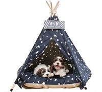 Pet Teepee Tents, 24 Inch Portable Indoor Dog Teepee Bed with Thick Cushion, Washable Navy Blue Stars Pattern Teepee Tent House for Puppy & Cat