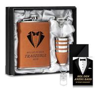 Petaca con texto en alemán "Willst Du Mein Trauzeug" Sein Geschenk Trauzeugen mit Karte 8oz Flachmann mit Gravur Leder Braun 4 Becher Trichter in schwarze Geschenkbox Edelstahl Schnapsgläser Mann für