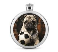 Petaca de acero inoxidable a prueba de fugas con diseño de perros carlino con pelota de fútbol, botella de vino circular portátil para camping, pesca, boda, fiesta, 5 onzas