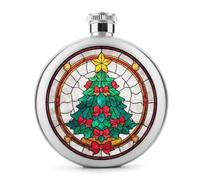 Petaca de acero inoxidable con diseño de árbol de Navidad de vidrieras con lazos rojos, botella de vino portátil de bolsillo redondo para bebida, 5 onzas