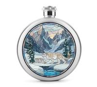 Petaca de acero inoxidable con diseño de leopardo de las nieves de fantasía con vidrieras para licor, botella de vino portátil de bolsillo redondo para bebida, 5 onzas