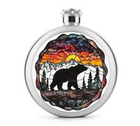 Petaca de acero inoxidable con diseño de oso de vidrieras caminando sobre madera, para licor, botella de vino portátil de bolsillo redondo para bebida, 5 onzas