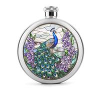 Petaca de acero inoxidable con diseño de pavo real y flores con vidrieras para licor, botella de vino portátil de bolsillo redondo para bebida, 5 onzas
