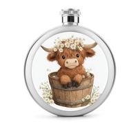 Petaca de acero inoxidable con diseño de vaca Highland en cubo de madera con margaritas para licor, botella de vino portátil de bolsillo redondo para bebida, 5 onzas
