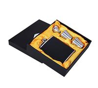 Petaca de acero inoxidable con funda de cuero negro, set de petacas que incluye embudo y dos copas de vino, petaca portátil de 6 oz / 7 oz para acampar, viajar y eventos al aire (jarra de 6 onzas)
