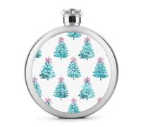 Petaca de acero inoxidable para licor, diseño de árboles de Navidad turquesa con lazos rosados, botella de vino portátil de bolsillo redondo para bebida, 5 onzas