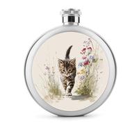 Petaca de acero inoxidable para licor, diseño de gatito caminando a través de flores silvestres, botella de vino portátil de bolsillo redondo para bebida, 5 onzas