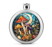 Petaca de acero inoxidable para licor, diseño de hongos y luna creciente, con bolsillo redondo, portátil, para bebida, 5 onzas
