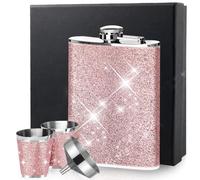 Petaca de acero inoxidable, petaca para mujer con 2 vasos de chupito rosa y embudo, 240 ml, petaca rosa brillante para senderismo, camping, fiestas JGA y festivales