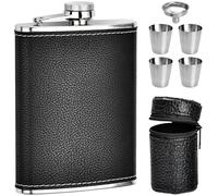 Petaca de Acero Inoxidable, Petacas De Alcohol con Embudo 304, 4 petites Tazas, 227 ML Petaca de Piel Negra, Petaca Portátil para Viajar, Acampar, Montañismo - Negro