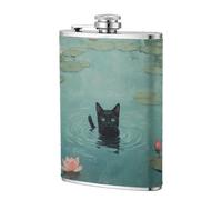 Petaca de bolsillo con diseño de gato negro en el lago y flores de loto, 226.8 g, banderas de acero inoxidable para papá, padrino de boda, viajes, camping