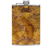 Petaca de cuero con bolsillo para whisky con embudo para camping, pesca, barbacoa, fiesta, bar, botella de vino, diseño retro náutico, mapa marrón