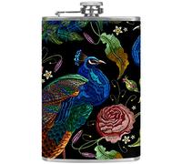 Petaca de cuero con embudo para camping, pesca, barbacoa, fiesta, bar, botella de vino, pavo real, color negro