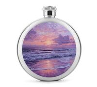 Petaca redonda de acero inoxidable con diseño de olas de playa, color morado y rosa, para licor, botella de vino portátil de bolsillo redondo para bebida, 5 onzas