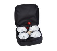 Relaxdays Bolas Petanca, 4 Pelotas Metal, Set con Bola de Tiro y Medidor de Distancia, Bolsa Transporte, Negro/Plateado