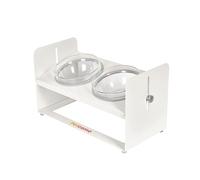 PETCOMO Soporte elevado para cuenco para perros y gatos, altura ajustable, soporte inclinado de acero blanco con 2 platos de vidrio para alimentos y agua, MK2070A