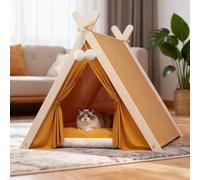 PETCUTE Cama Tienda para Gatos,Tienda de Campaña para Mascotas,Caseta Plegable para Perros con Estructura Triangular de Madera y Cojín Extraíble y Lavable, Acogedor Refugio Interior para Perros
