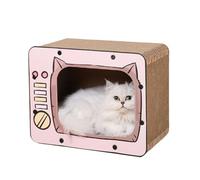 PETCUTE Casa de Cartón para Gatos TV Retro, Rascador 3 en 1 Con Fondo Antideslizante, Interior Corrugado para Gatitos, Jugar y Descansar, Nido Rosa