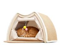 PETCUTE Casas para Gatos de Interior,Camas Cueva para Gatos con Tapete Rascador de Sisal Natural,Casa para Mascotas con Cortinas y Cojín Extraíble, Protege los Muebles,L