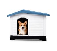 PETCUTE Caseta para Perros,Casa de Plástico para Perros con Techo Inclinado, Lado de Apertura, Fondo de Drenaje, Base Aislante, Refugio para Mascotas,Uso Interior y Exterior,Azul