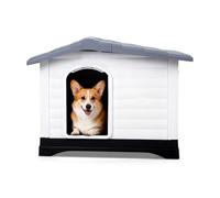 PETCUTE Caseta para Perros,Casa de Plástico para Perros con Techo Inclinado, Lado de Apertura, Fondo de Drenaje, Base Aislante, Refugio para Mascotas,Uso Interior y Exterior,Gris