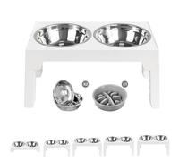 PETCUTE Comedero Elevado para Perros, Alimentador 5 Alturas Ajustables, 2 Cuencos de Inoxidable,Comedero Perro Elevado con Soporte, Fácil de Instalar para Comida Agua de Macotas,Blanco