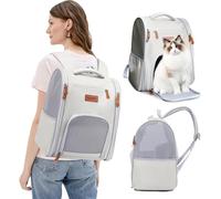 PETCUTE Mochila Gato, Mochila Transportín Gato Bien Ventilado, Mochila Gatos Transporte con Arnés Incorporado, Superligera para Viajes Al Aire Libre-Beige