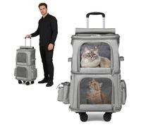 PETCUTE Mochila Transportadora para Mascotas con Doble Compartimento y Ruedas,Transportín con Ruedas para Gatos con Cinturón de Seguridad Interior, Transpirable Mochila para Perros,hasta 10 kg