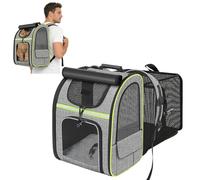 PETCUTE Mochila Transportin Gato Perro Extensible con 4 Entradas,Mochila Transpirable para Gatos y Perros,Mochilas Plegable para Mascotas con Arnés Interno y Alfombrilla Extraíble,(Gris+Verde)