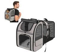 PETCUTE Mochila Transportin Gato Perro Extensible con 4 Entradas,Mochila Transpirable para Gatos y Perros,Mochilas Plegable para Mascotas con Arnés Interno y Alfombrilla Extraíble,(Gris+Negro)