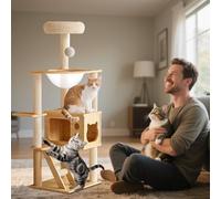 PETCUTE Rascador para Gato,Árbol para Gatos de Madera,Torre de Gato con Cápsula Espacial,Postes Rascadores, 2 Plataformas,1 Cueva, 1 Pompones,Escalera,Muebles para Gatos