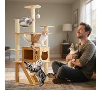 PETCUTE Rascador para Gato,Árbol para Gatos de Madera,Torre de Gato con Cápsula Espacial,Postes Rascadores, 2 Plataformas,1 Cueva, 1 Pompones,Escalera,Muebles para Gatos